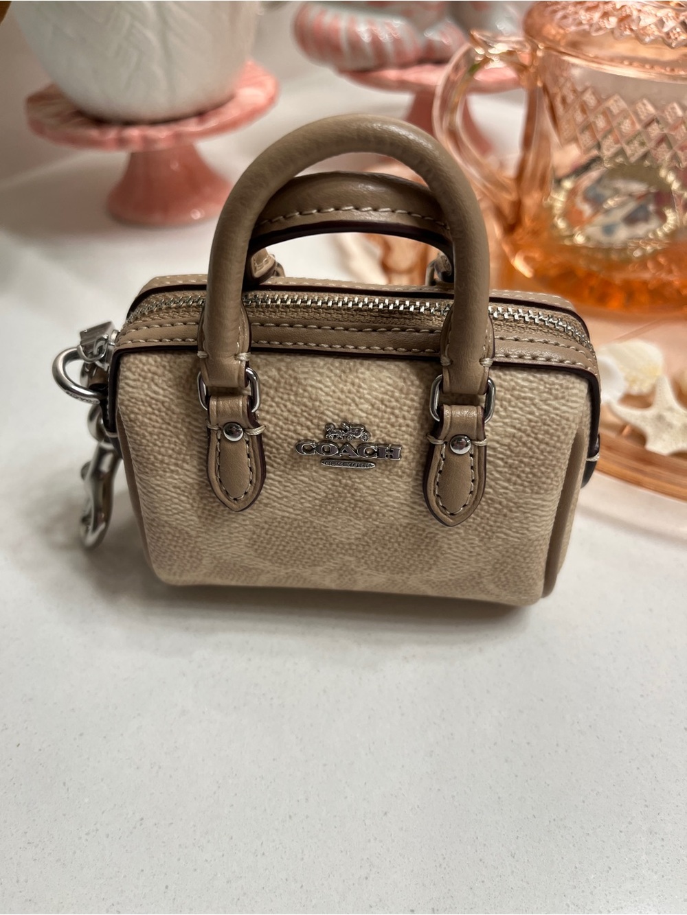 Coach Mini Pebbled Leather Satchel Keychain - Beige Taupe